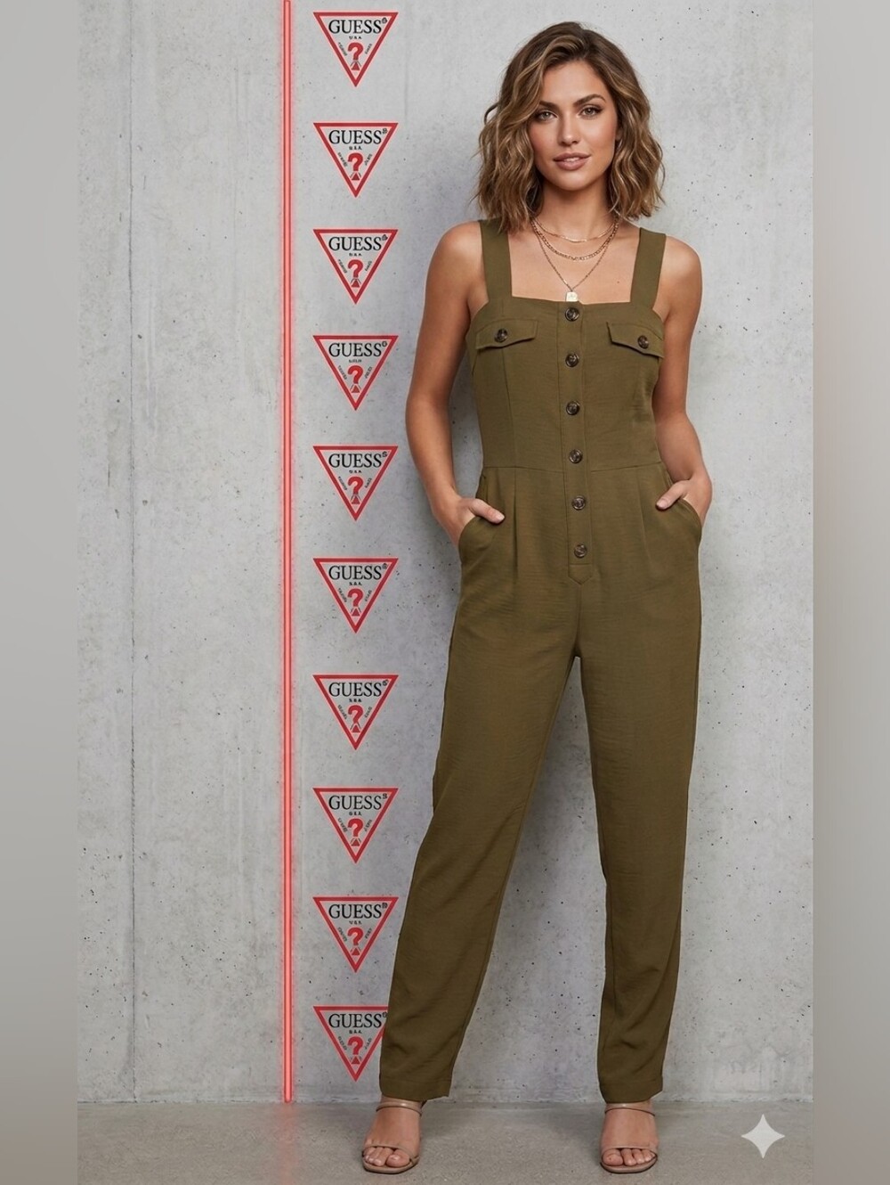 GUESS Olive Utility Button-Front Jumpsuit